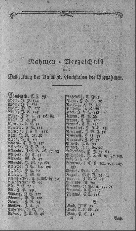 Nahmen-Verzeichniß mit Bemerkung der Anfangs-Buchstaben der Vornahmen