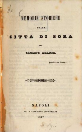 Memorie storiche della città di Sora