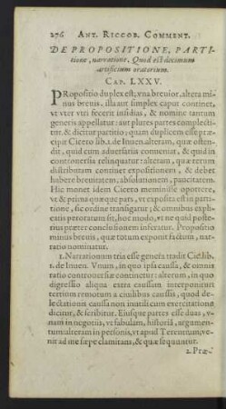 De Propositione, Partitione, narratione, Quod est decimum artificium oratorium. Cap. LXXV.