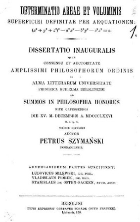 Determinatio areae et voluminis superficiei definitae per aequationem