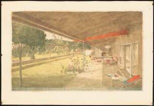 Landhaus, Nyon (Haus Baer): Perspektivische Ansicht (Terrasse mit Außenkamin)