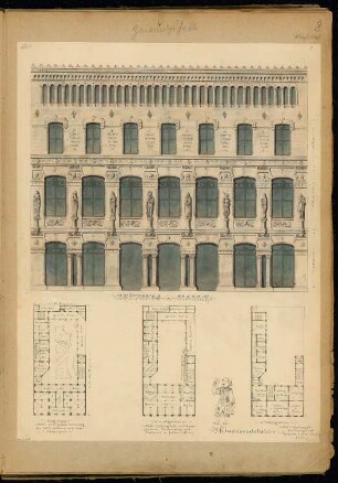 Zeitungshalle Monatskonkurrenz Oktober 1848: Grundriss Erdgeschoss, 1. und 2. Obergeschoss, Aufriss Straßenansicht; Raumplan