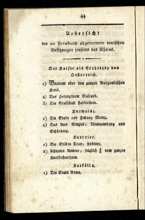 Uebersicht der an Frankreich abgetretenen deutschen Besitzungen jenseits des Rheins.