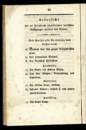 Uebersicht der an Frankreich abgetretenen deutschen Besitzungen jenseits des Rheins.