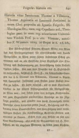 641-645 [Rezension] Feigerle, Ignaz, Historia vitae sanctorum Thomae a Villanova, Thomae Aquitanis et Laurentii Justiniani