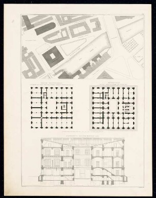 Bauakademie, Berlin: Lageplan, Grundrisse, Schnitt (aus: Sammlung Architektonischer Entwürfe, Berlin 1858)