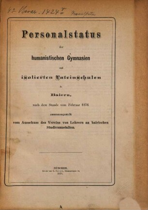 Personalstatus der bayerischen Studienanstalten. 1876