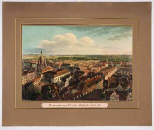 Ansicht von Dresden aus der Vogelperspektive in Richtung Südosten auf die Frauenkirche und Kreuzkirche
