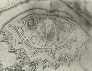 Stadtplan von Dresden : Plan von Dresden mit Einzeichnungen von Aufmarsch- und Festplätzen anläßlich der Vermählung des Kurprinzen Friedrich August mit Maria Josepha 1719 vor der Beschriftung