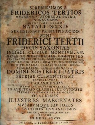 [Programma quo] Seren. Fridericos tertios, Musarum statores ac patronos summos ... laudat ... Jo. Henr. Stuss
