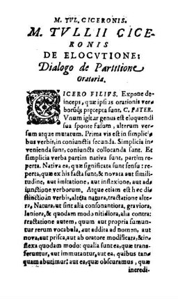 M. Tvllii Ciceronis De Elocvtione: Dialogo de Partitione oratoria