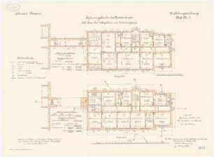 Kadettenhaus der Garnison Potsdam Ergänzungsbauten: Wohnhaus des Chefs der östlichen Kompanie und Verbindungsgang: Grundriss Erdgeschoss, Obergeschoss 1:100