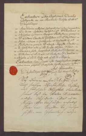 Taufzeugnis des Grafen Wilhelm Joseph von Goldstein.