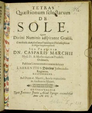 Tetras Quaestionum selectarum De Sole