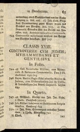 65-70, Classis XVIII. Controversiae Cum Judaeis, Muhammedanis et Gentilibus.