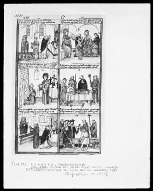 Stephan von Paris, Auslegung der Regel des heiligen Benedikt — Bildseite mit sechs Szenen aus dem Leben von Benedikt, Folio 135verso