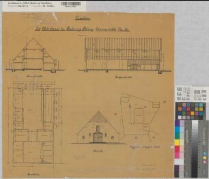 Gemen (Borken) Bauerschaft Wirthe Pachtung Böing Durchbau des Wohnhauses Schnitte, Grundriß, Ansicht, Lageplan 1909 1 : 100/500 62 x 66 Zeichnung Landsberg-Velensches Bauamt Landsberg-Velen