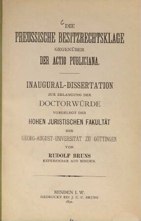Die preussische Besitzrechtsklage gegenüber der actio publiciana