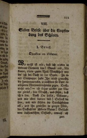 VIII. Sieben Briefe über die Empfindung des Schönen