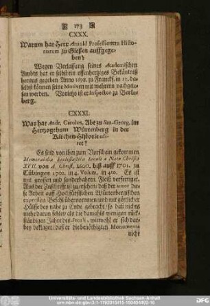 CXXXI. Was hat Andr. Carolus, Abt zu San. Georg. im Hertzogthum Würtenberg in der Kirchen-Historie ediret?