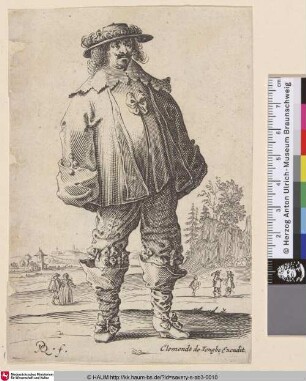 [Kavalier gesehen von vorn mit Umhang; Cavalier seen en face wearing a cape. Tower at left. Tree-covered rock at right]