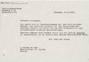 Schreiben E. Hassebrauks an Kollegen. Dresden, 20.1.1955 : Schreiben E. Hassebrauks an Kollegen, betr. A. Wigand. Dresden, 20.1.1955. Schreibmaschinenblatt; 14,8 x 20,8 cm. Dresden: SLUB Mscr.Dresd.App.2534,4427.1