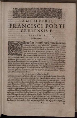 Æmilii Porti, Francisci Porti Cretensis F. Epistola Ad Lectorem.