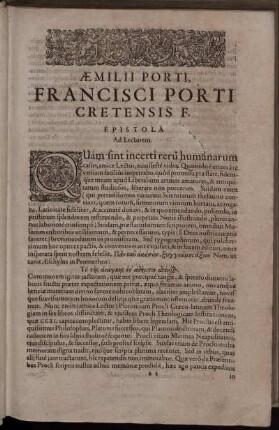 Æmilii Porti, Francisci Porti Cretensis F. Epistola Ad Lectorem.