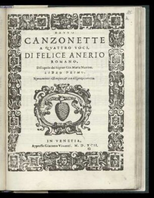 Felice Anerio: Canzonette a quattro voci ... Basso