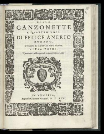 Felice Anerio: Canzonette a quattro voci ... Basso