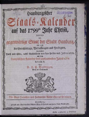 1799: Hamburgischer Staats-Kalender : auf das Jahr