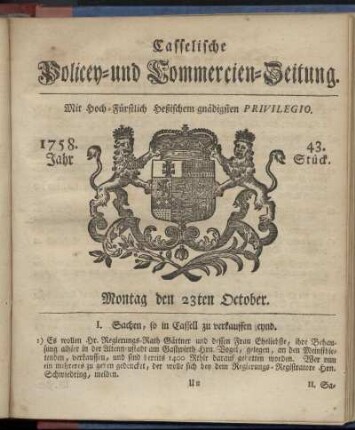 43. Stueck, Montag den 23sten October 1758