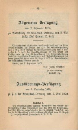 Allgemeine Verfügung vom 2 September 1872, zur Ausführung der Grundbuch-Ordnung vom 5. Mai 1872