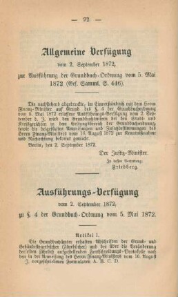 Allgemeine Verfügung vom 2 September 1872, zur Ausführung der Grundbuch-Ordnung vom 5. Mai 1872