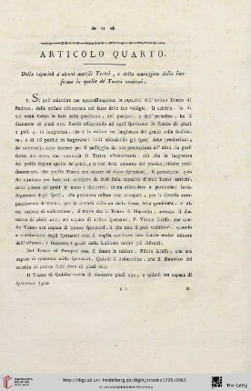 Artic. IV.: Della capacità d’alcuni antichi Teatri, e della mutazione della loro forma in quella de’ Teatri moderni