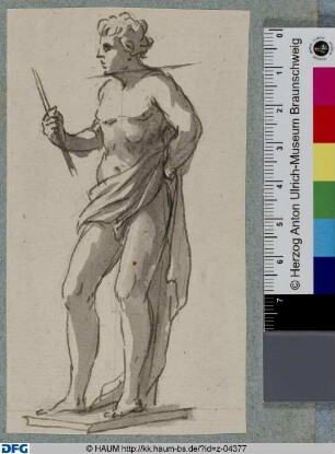 Stehende männliche Figur mit entblößter Brust und einem Stab in der rechten Hand (nach einer antiken Skulptur?)