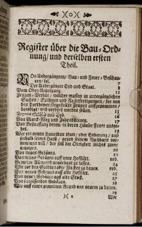 Register über die Bau-Ordnung/ und derselben ersten Theil.