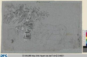 Skizze zweier Männer mit Pferd vor einem Haus