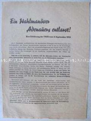 Flugblatt mit dem Wortlaut einer TASS-Erklärung zu Äußerungen Adenauers über die Zukunft Deutschlands