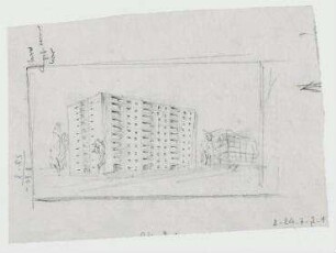 Das Mittelganghaus, Entwurf für die Ausstellung des BDA im Schloss Charlottenburg (nicht realisiert) – Perspektivansicht von Nordwesten