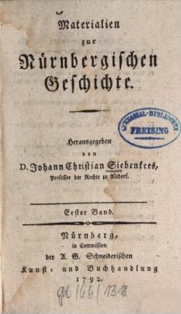 Materialien zur Nürnbergischen Geschichte, 1