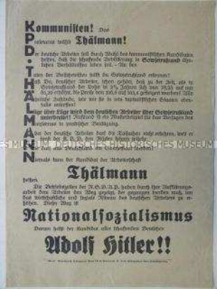 Propagandaflugblatt zum Wahlaufruf der NSDAP zur Reichspräsidentenwahl mit Blickrichtung auf die Wähler aus der Arbeiterschaft