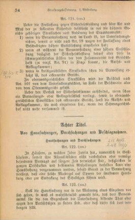 Achter Titel. Von Haussuchungen, Durchsuchungen und Beschlagnahmen