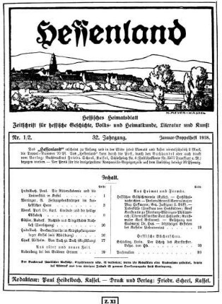 32.1918: Hessenland : hessisches Heimatblatt ; Zeitschrift für hessische Geschichte, Volks- und Heimatkunde, Literatur und Kunst