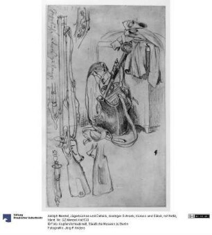 Jägerbüchse und Details, niedriger Schrank, Kürass und Säbel, mit Notiz