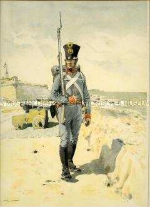 Uniformdarstellung, Infanterist der Marine am Ufer, Österreich, 1820. Tafel 84 aus: Ottenfeld/Teuber: Die österreichische Armee.