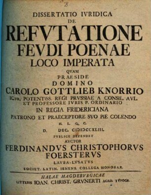 Diss. iur. de refutatione feudi poenae loco imperata