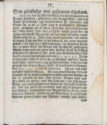 IV. Sein glücklicher und gesegneter Ehestand.