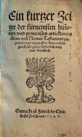 Ein kurtzer Zeiger der fürnemsten historien vnd gemeinsten articklen im Alten vnd Nüwen Testament : gegründt vnd vergriffen dem einfaltigen Laeser gantz fürderlich nütz vnd dienstlich