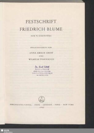 Festschrift Friedrich Blume : zum 70. Geburtstag
